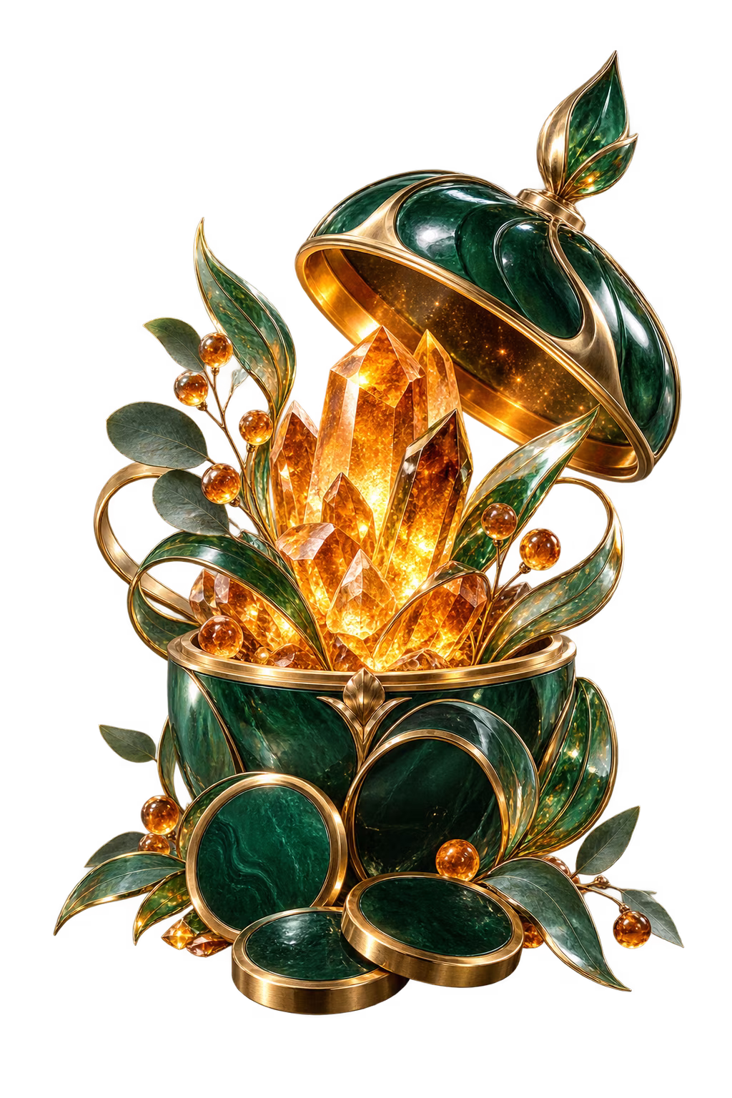 Open eucalyptus gift vessel with amber crystal bloom