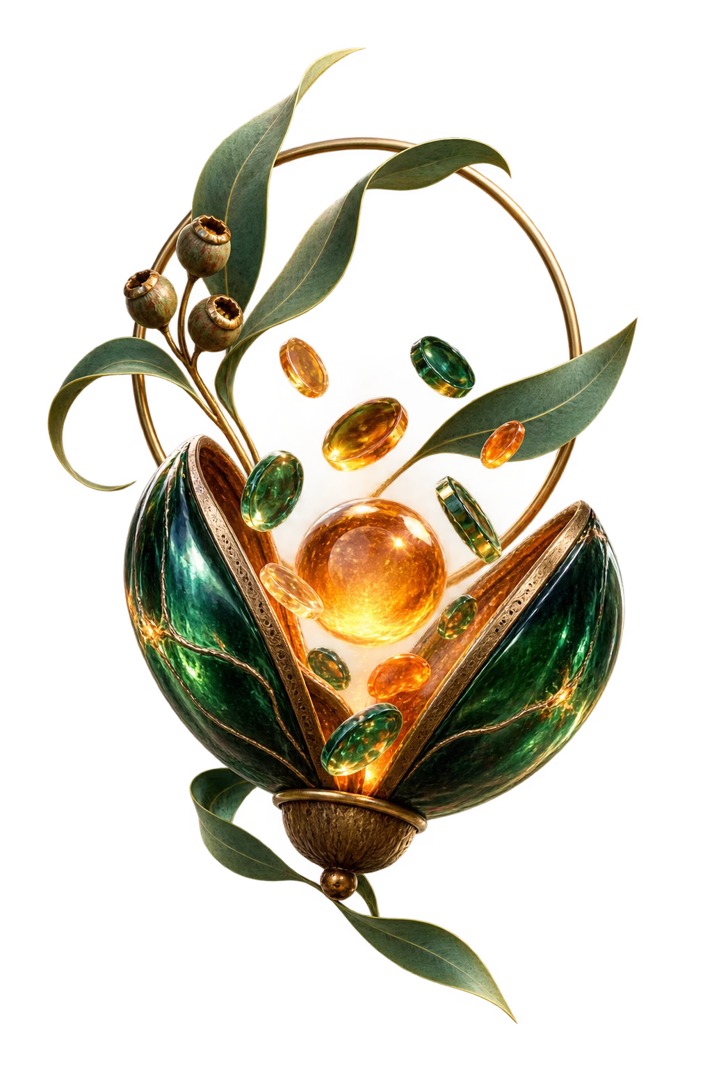 Opening eucalyptus seed pod with an amber glass orb