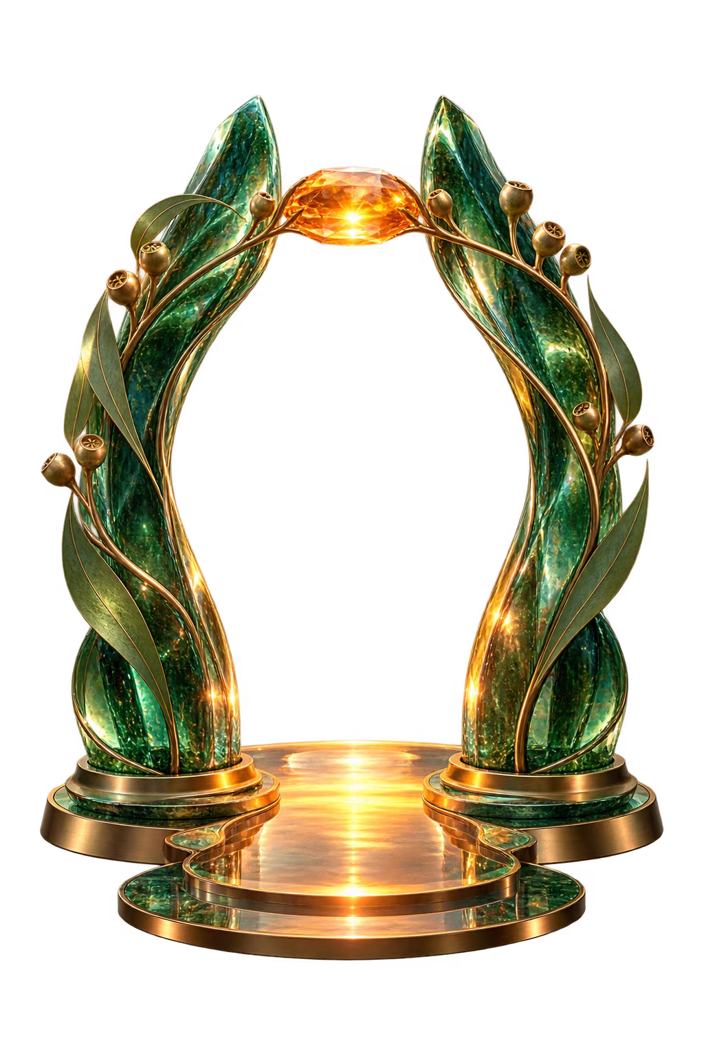 Paired eucalyptus glass entry arches joined by amber light