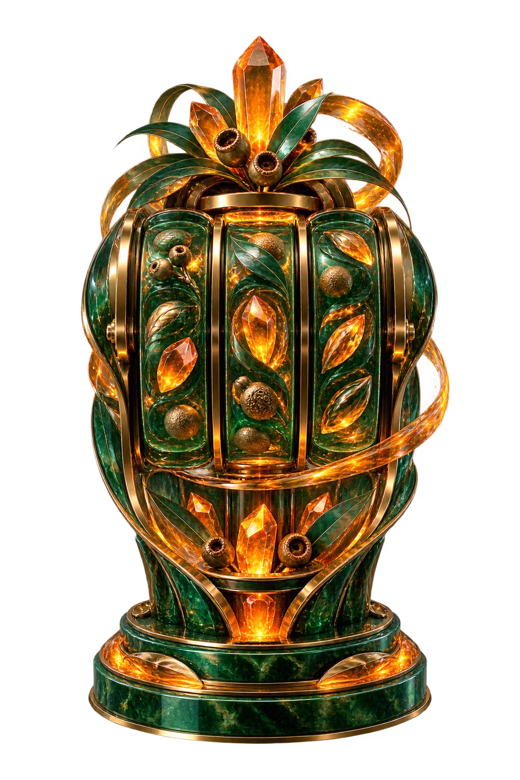 Eucalyptus glass reel sculpture with abstract amber crystals