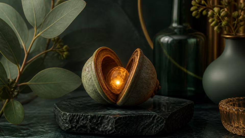 Open green seed pod revealing a small amber light