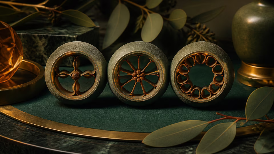 Three green seed-pod rings with distinct abstract rhythms
